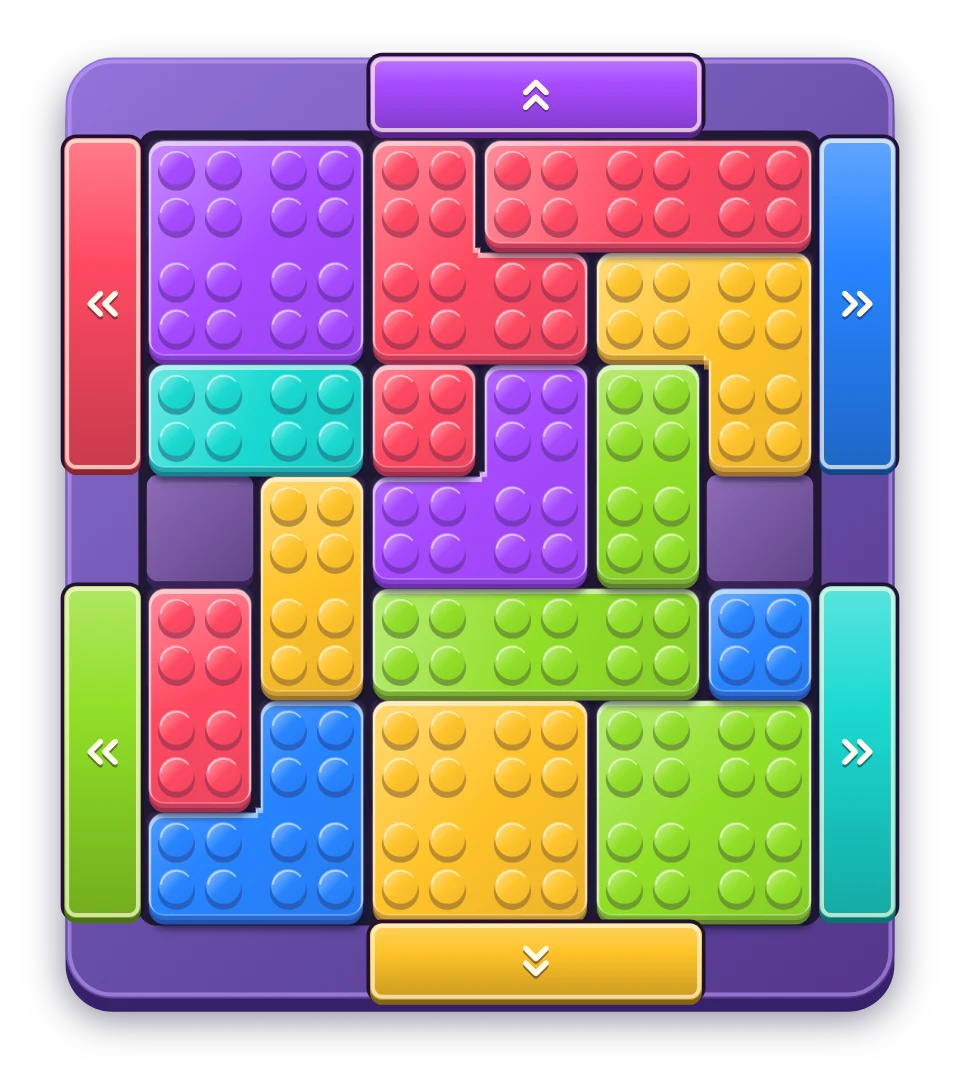 A Jumble Gate puzzle packed with colorful studded blocks and matching exit gates
