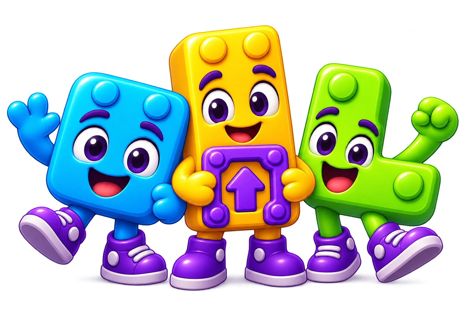 Three cheerful Jumble Gate mascots, ready for a colorful puzzle adventure